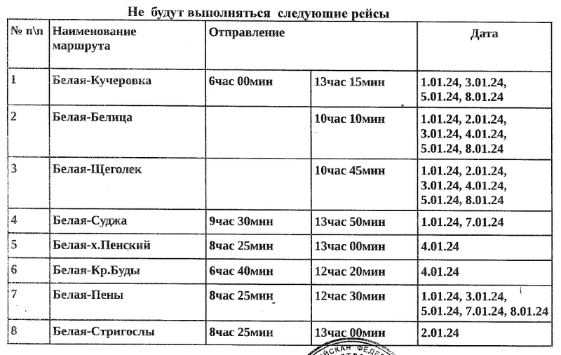 Расписание движения автобусов.